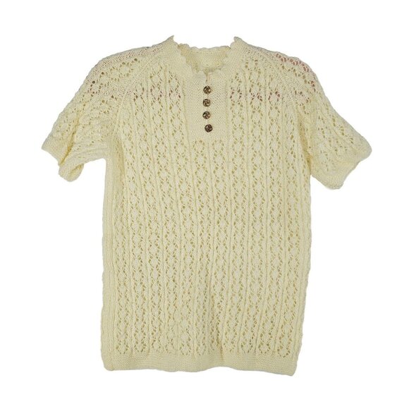 Sweaters - Vintage 70s Handmade Womens Sweater S M Ivory Retro Cottage Eyelet Granny Boho